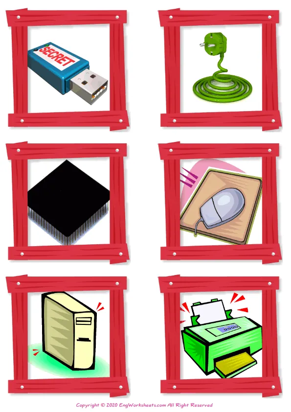 Wordless Computer Parts vocabulary worksheet with six images per page Worksheet Preview