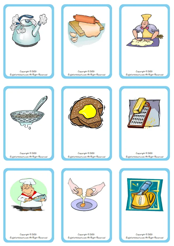 Wordless Cooking Verbs vocabulary worksheet with nine images per page Worksheet Preview