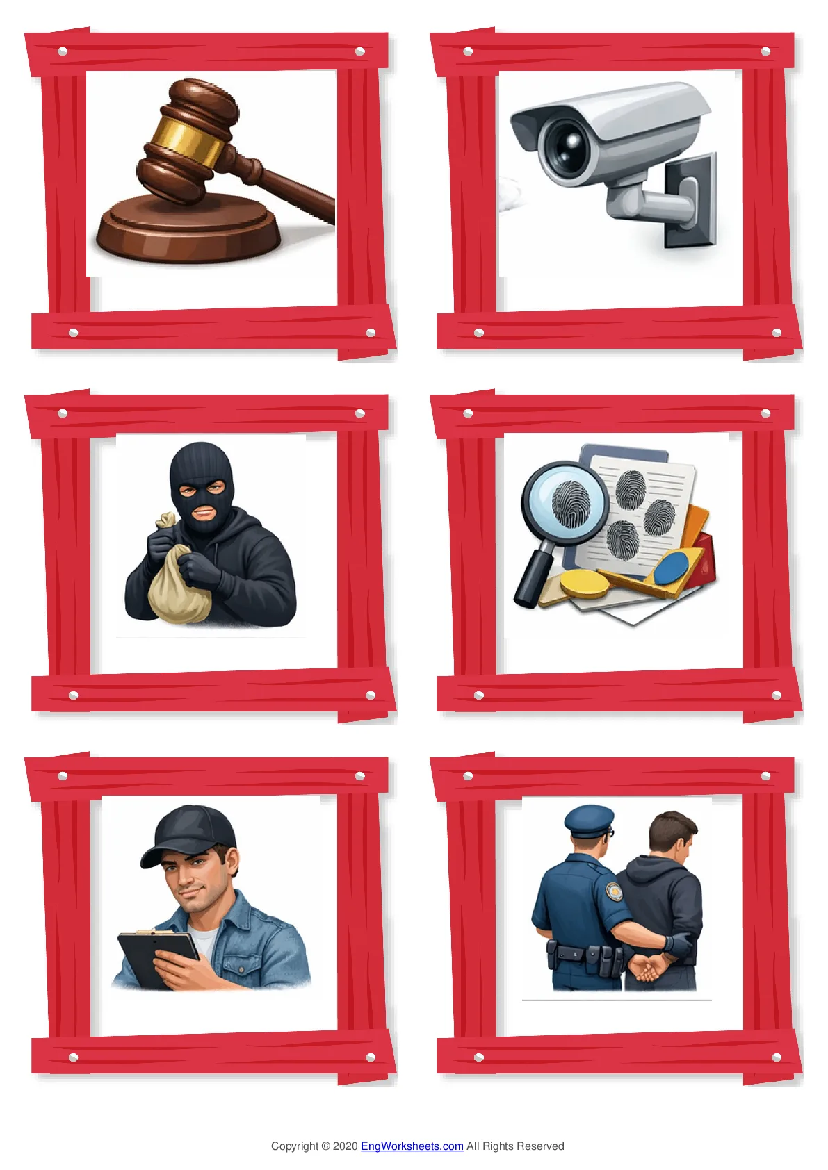 Wordless Crime & Law vocabulary worksheet with six images per page Worksheet Preview
