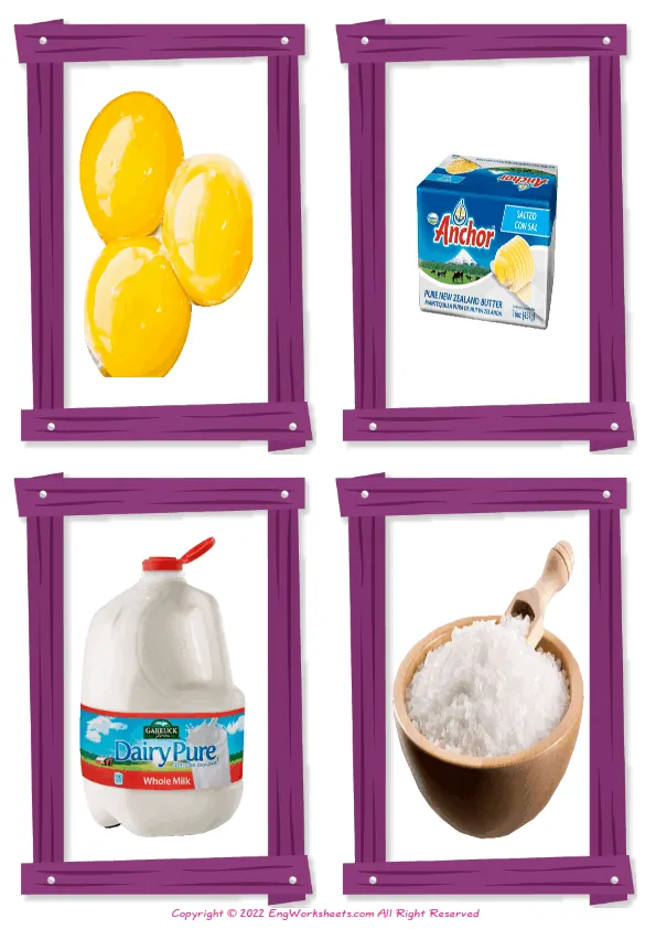 Dairy Produce vocabulary worksheet with words, two images per page Worksheet Preview