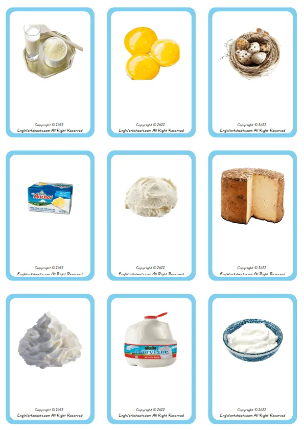 Wordless Dairy Produce vocabulary worksheet with nine images per page Worksheet Preview