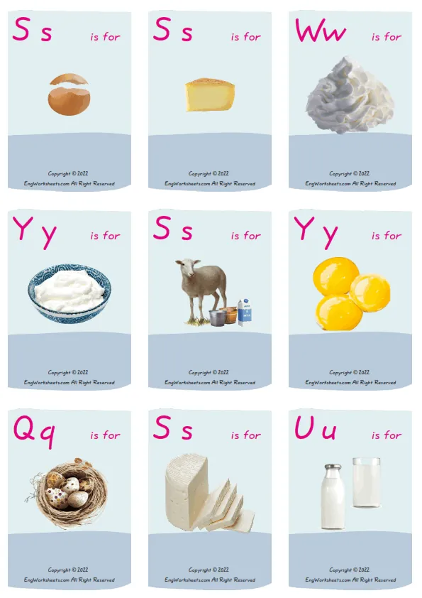 Dairy Produce vocabulary worksheet with words, nine images per page Worksheet Preview