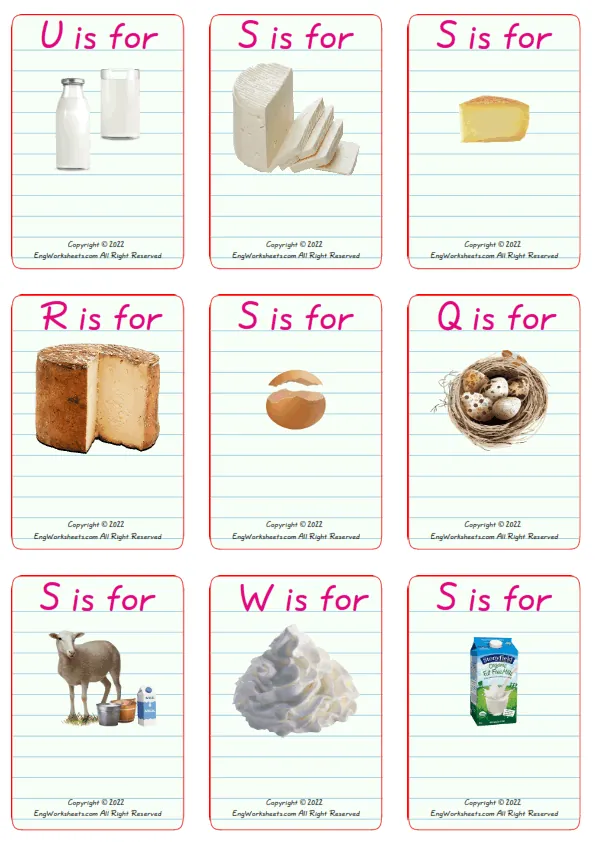 Wordless Dairy Produce vocabulary worksheet with nine images per page Worksheet Preview