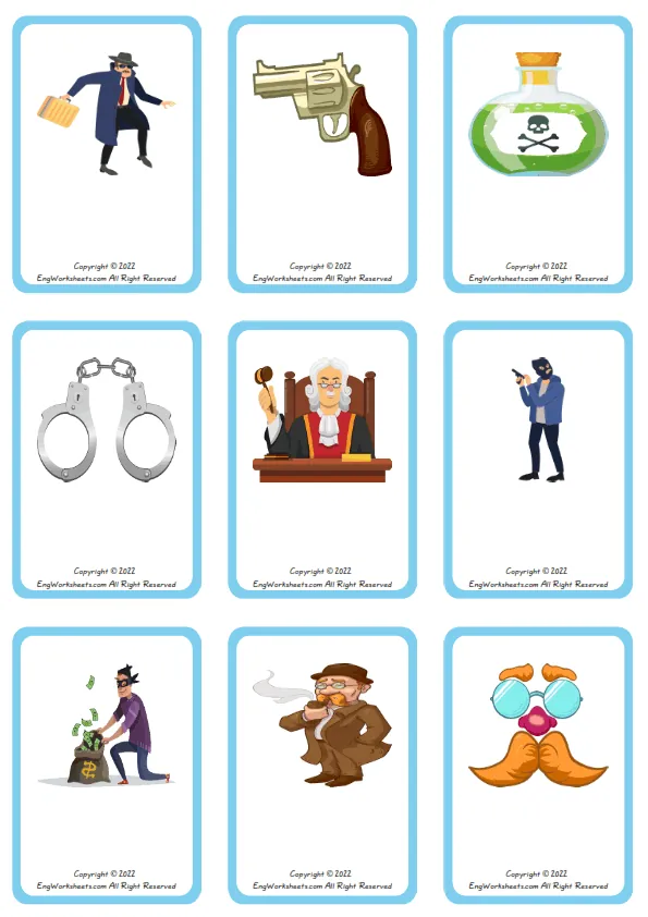 Wordless Detective Stories vocabulary worksheet with nine images per page Worksheet Preview