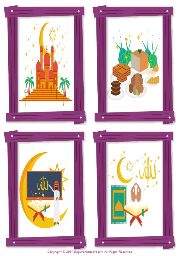 Wordless Eid and Ramadan vocabulary worksheet with four images per page Worksheet Preview