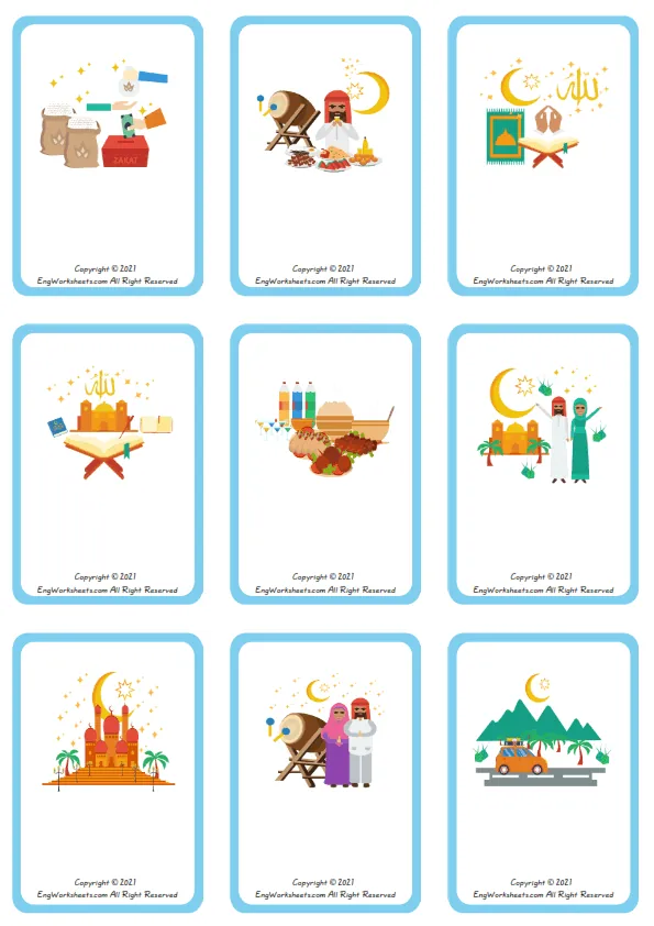 Wordless Eid and Ramadan vocabulary worksheet with nine images per page Worksheet Preview