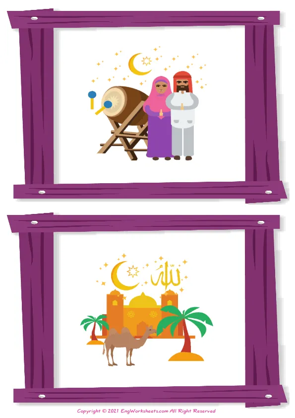 Wordless Eid and Ramadan vocabulary worksheet with two images per page Worksheet Preview