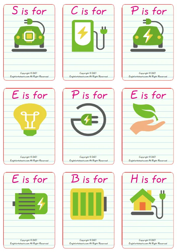 Wordless Electric Vehicle vocabulary worksheet with nine images per page Worksheet Preview