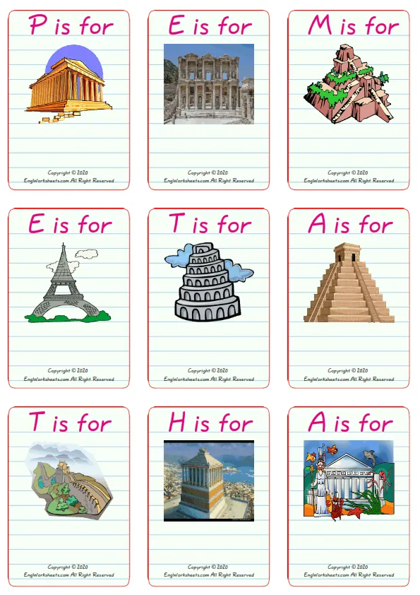 Wordless Famous Architecture vocabulary worksheet with nine images per page Worksheet Preview
