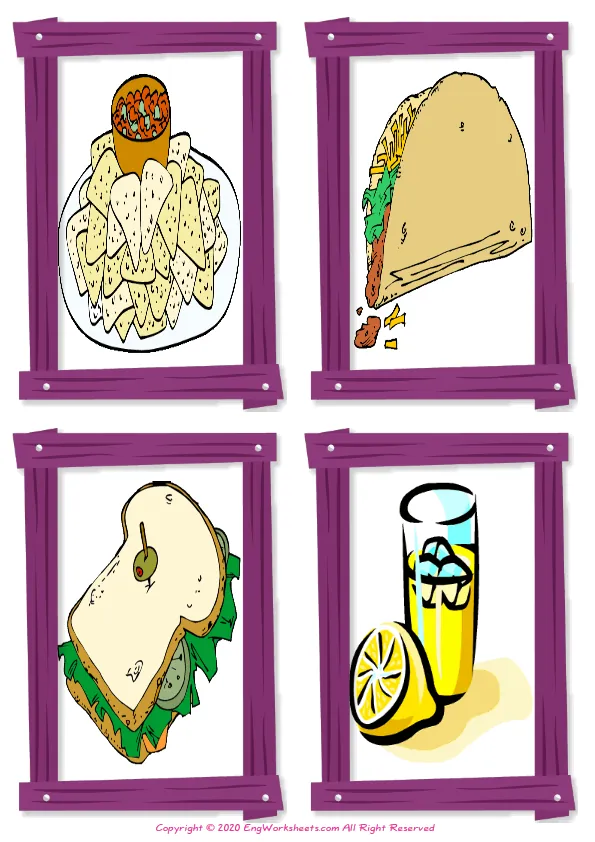 Wordless Fast Food vocabulary worksheet with four images per page Worksheet Preview