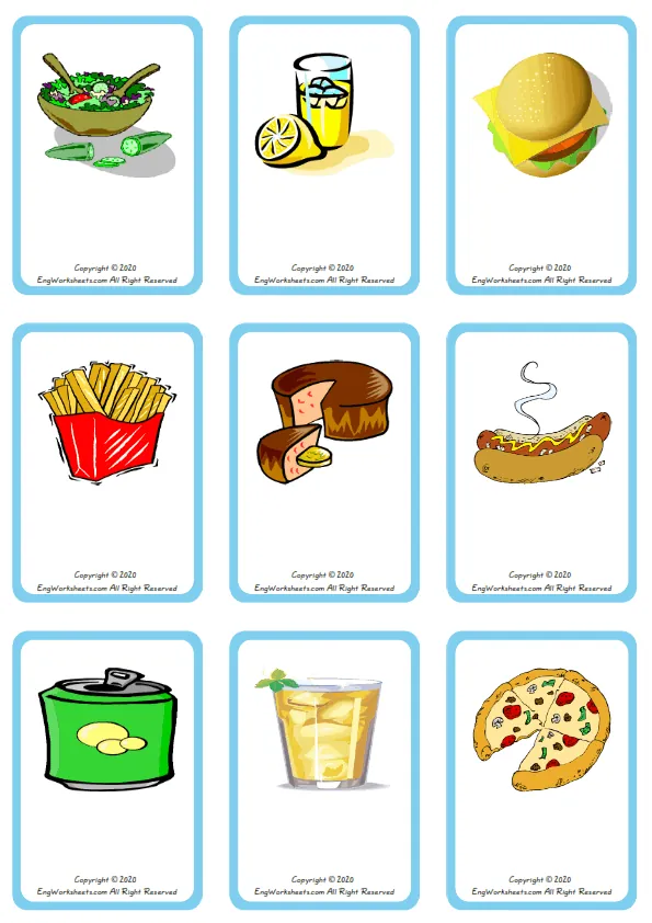 Wordless Fast Food vocabulary worksheet with nine images per page Worksheet Preview