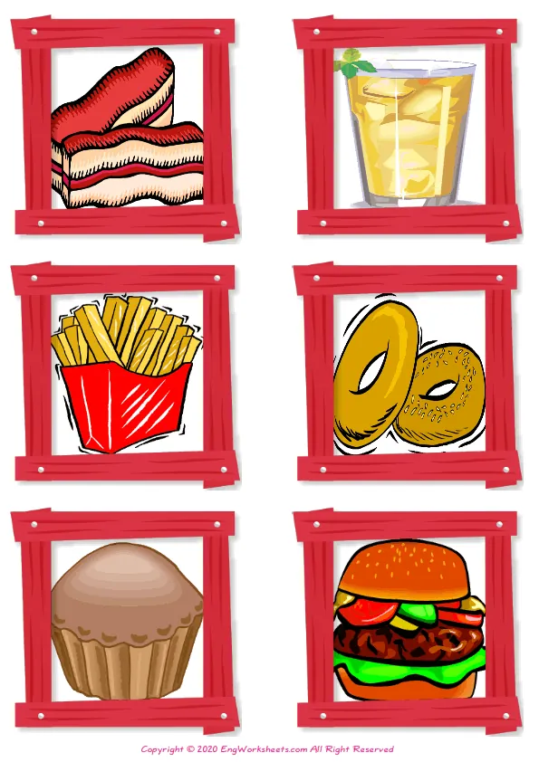 Wordless Fast Food vocabulary worksheet with six images per page Worksheet Preview