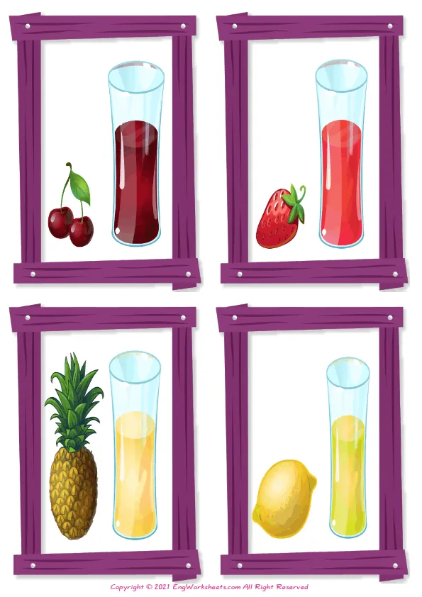 Wordless Fruit Juice vocabulary worksheet with four images per page Worksheet Preview