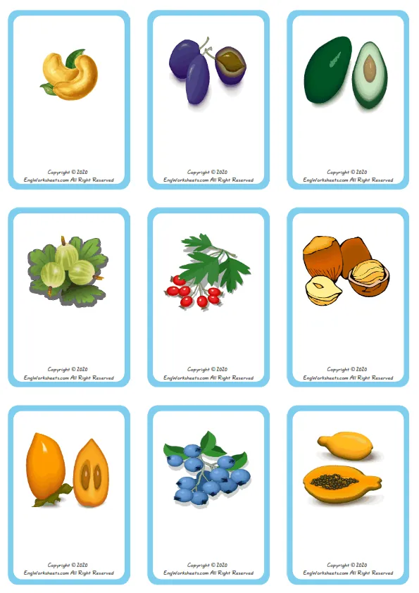 Wordless Fruits vocabulary worksheet with nine images per page Worksheet Preview