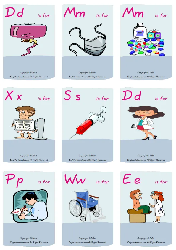 Wordless Hospital vocabulary worksheet with nine images per page Worksheet Preview