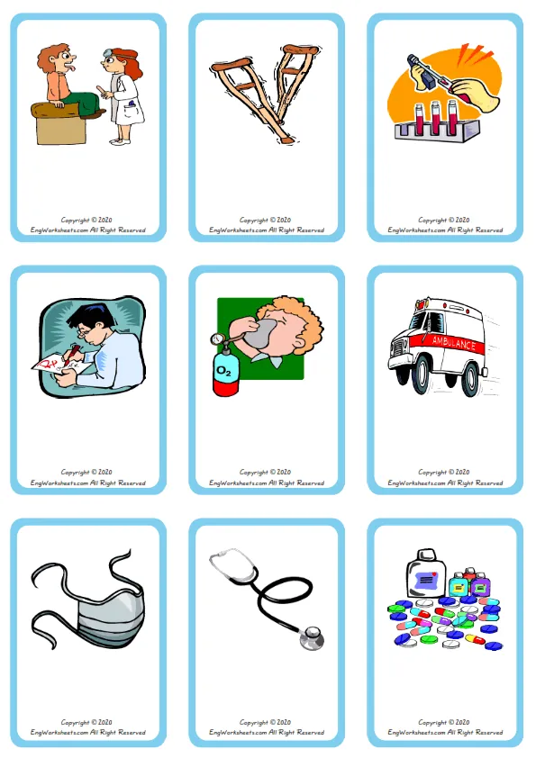 Wordless Hospital vocabulary worksheet with nine images per page Worksheet Preview