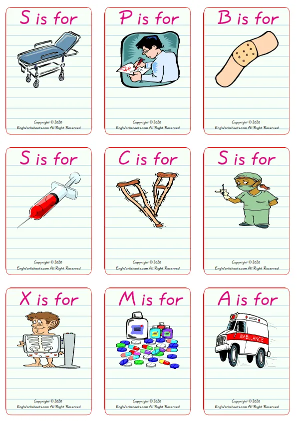 Wordless Hospital vocabulary worksheet with nine images per page Worksheet Preview