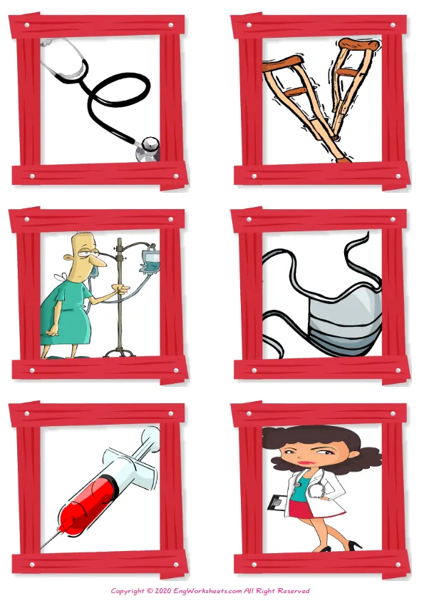 Wordless Hospital vocabulary worksheet with six images per page Worksheet Preview