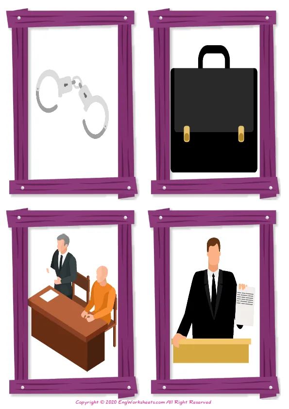 Wordless Law and Justice vocabulary worksheet with four images per page Worksheet Preview