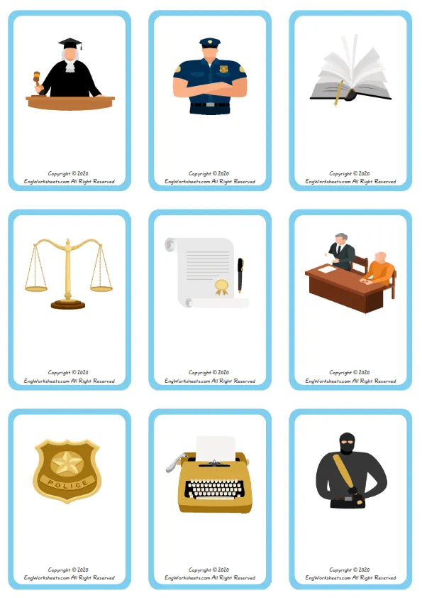 Wordless Law and Justice vocabulary worksheet with nine images per page Worksheet Preview