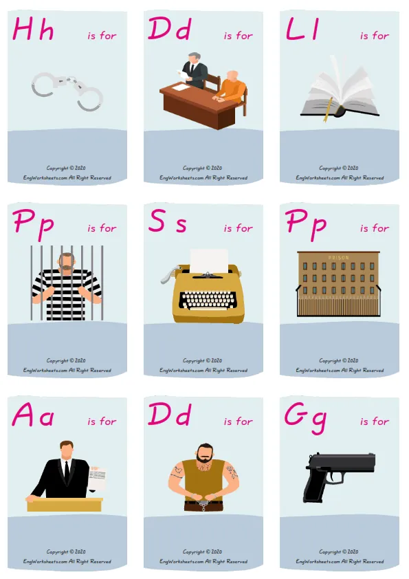 Wordless Law and Justice vocabulary worksheet with nine images per page Worksheet Preview