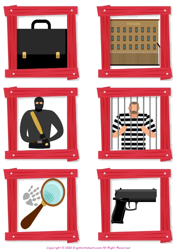 Wordless Law and Justice vocabulary worksheet with six images per page Worksheet Preview