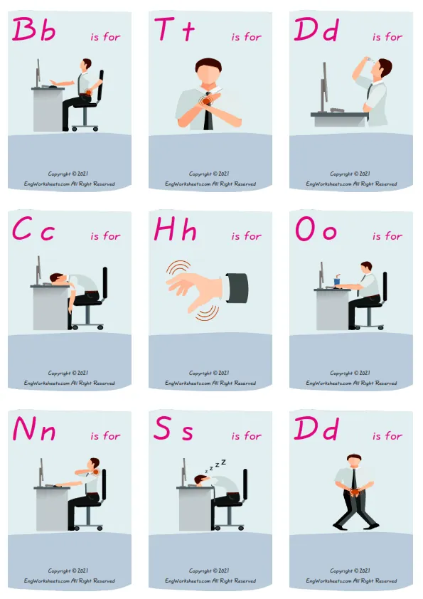 Wordless Office Syndrome vocabulary worksheet with nine images per page Worksheet Preview