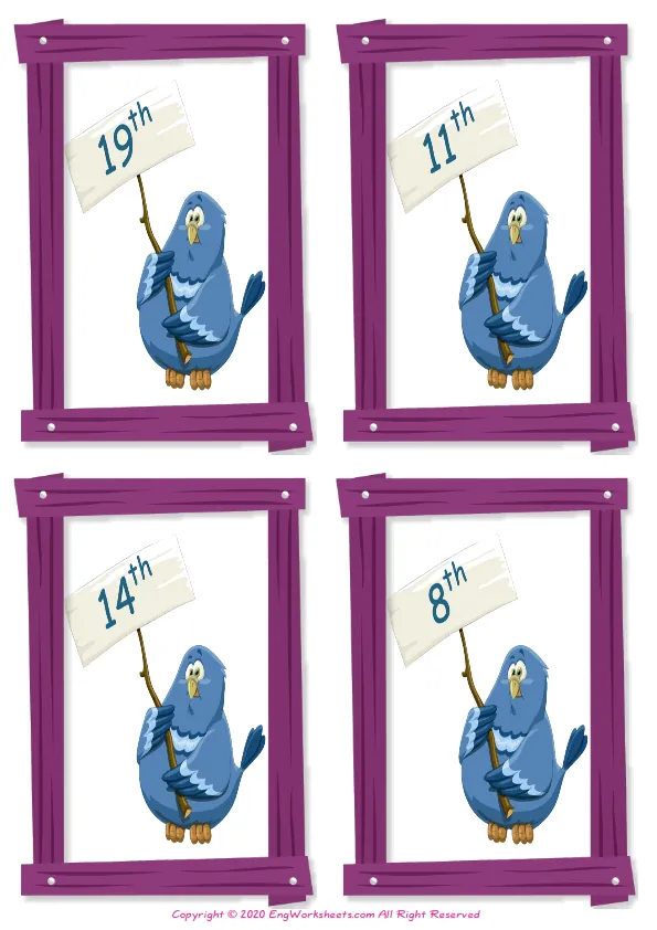 Wordless Ordinal Numbers vocabulary worksheet with four images per page Worksheet Preview