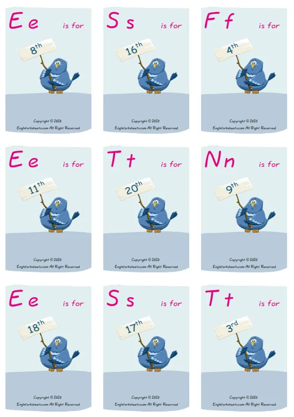 Wordless Ordinal Numbers vocabulary worksheet with nine images per page Worksheet Preview
