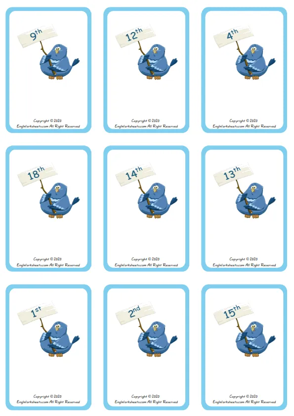 Wordless Ordinal Numbers vocabulary worksheet with nine images per page Worksheet Preview