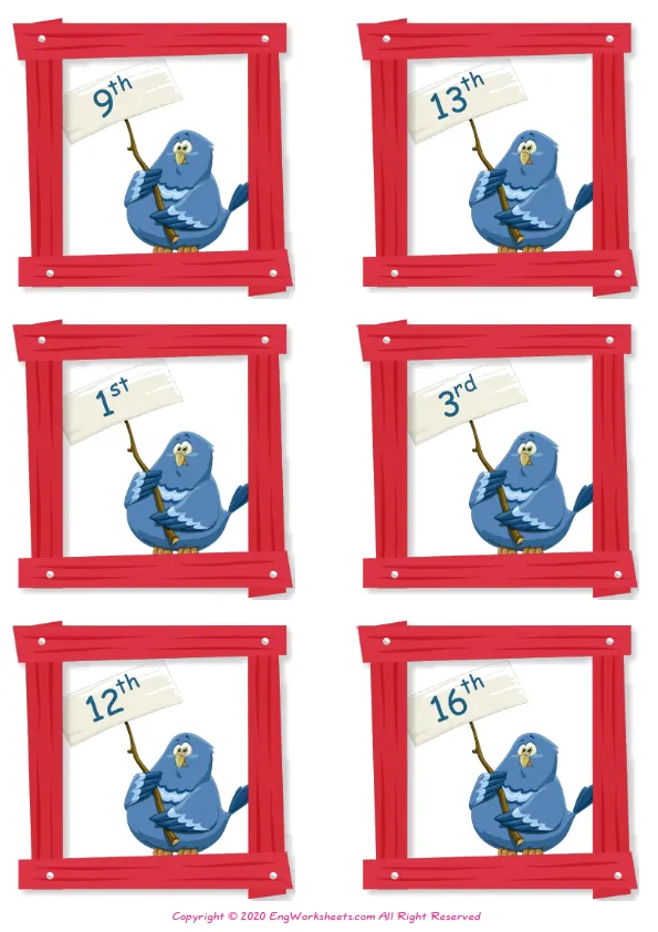Wordless Ordinal Numbers vocabulary worksheet with six images per page Worksheet Preview