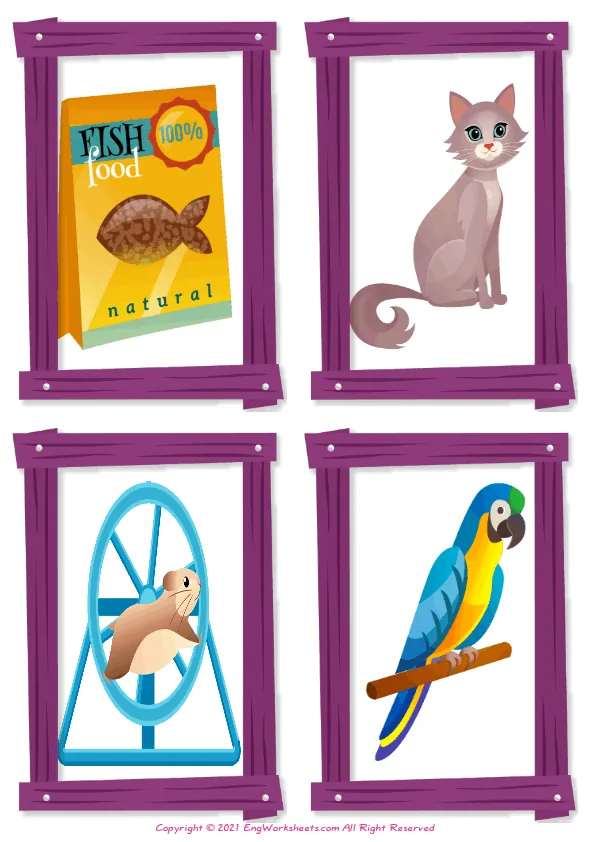 Wordless Pet Shop vocabulary worksheet with four images per page Worksheet Preview