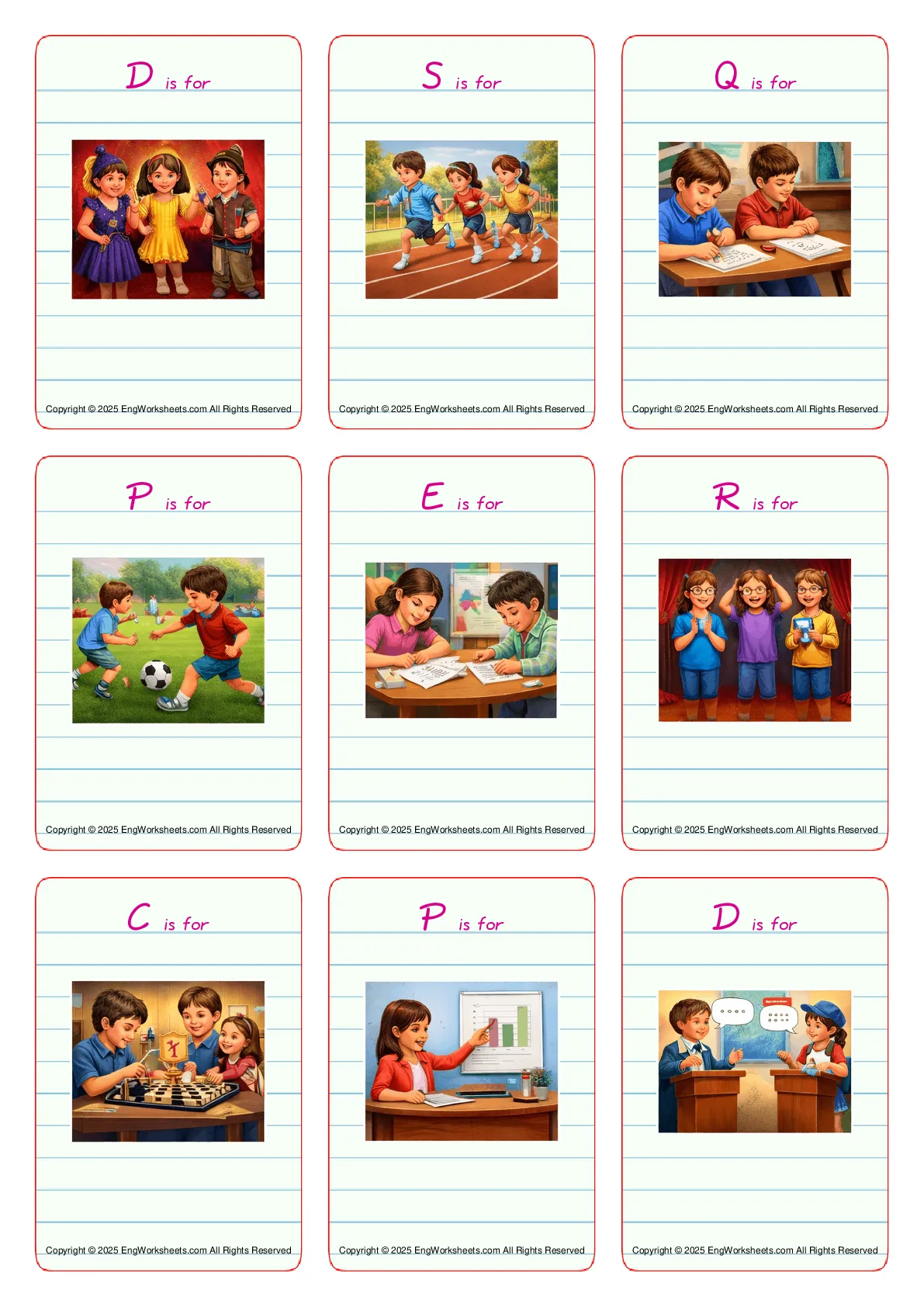 Wordless School Life (Activities) vocabulary worksheet with nine images per page Worksheet Preview
