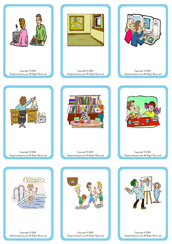 Wordless School Parts vocabulary worksheet with nine images per page Worksheet Preview