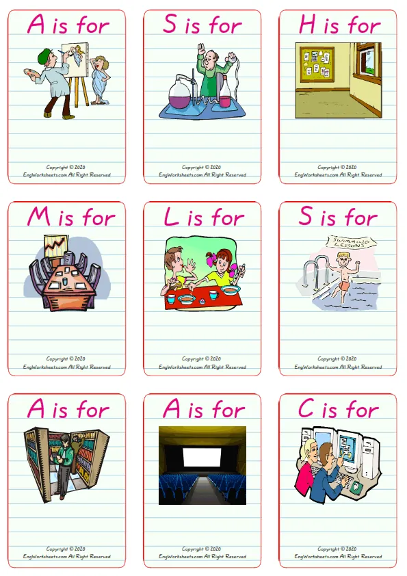 Wordless School Parts vocabulary worksheet with nine images per page Worksheet Preview