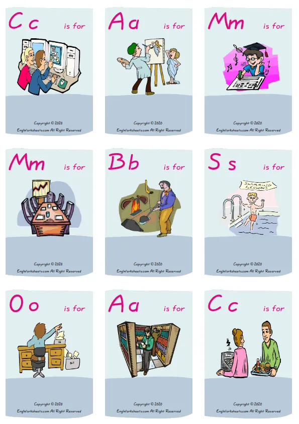 Wordless School Parts vocabulary worksheet with nine images per page Worksheet Preview