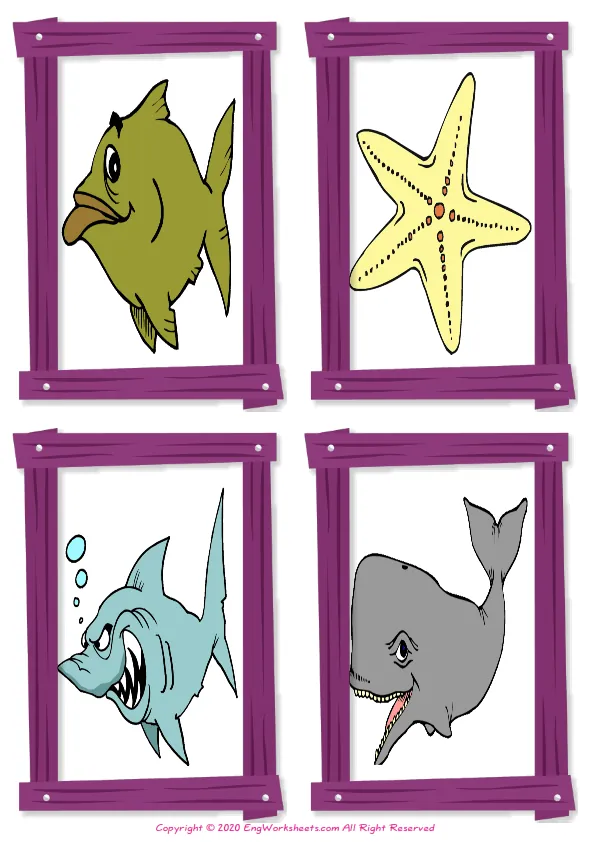 Wordless Sea Animals vocabulary worksheet with four images per page Worksheet Preview