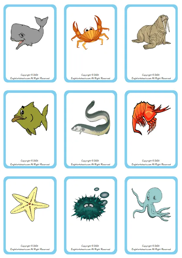 Wordless Sea Animals vocabulary worksheet with nine images per page Worksheet Preview