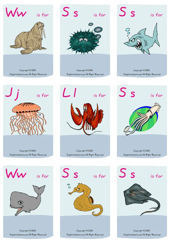 Wordless Sea Animals vocabulary worksheet with nine images per page Worksheet Preview
