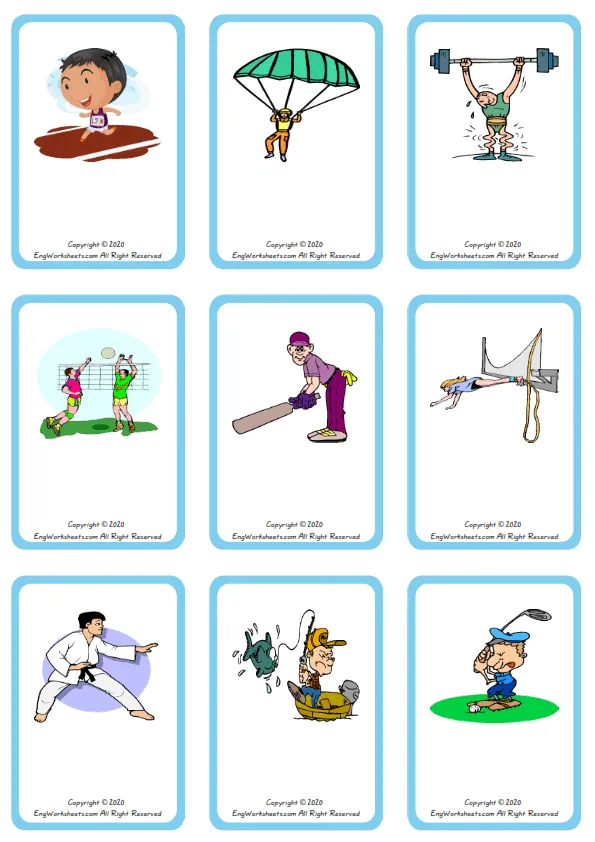 Wordless Sports vocabulary worksheet with nine images per page Worksheet Preview