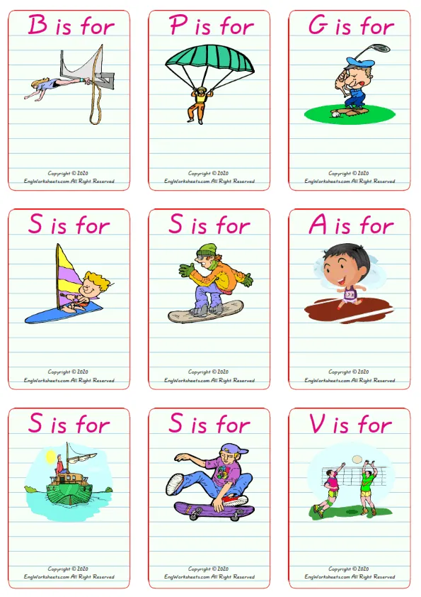 Wordless Sports vocabulary worksheet with nine images per page Worksheet Preview