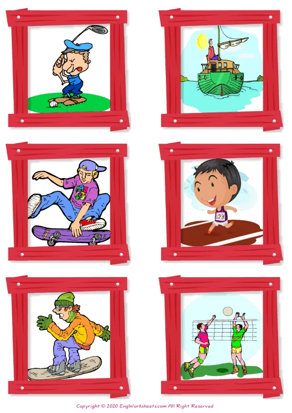 Wordless Sports vocabulary worksheet with six images per page Worksheet Preview