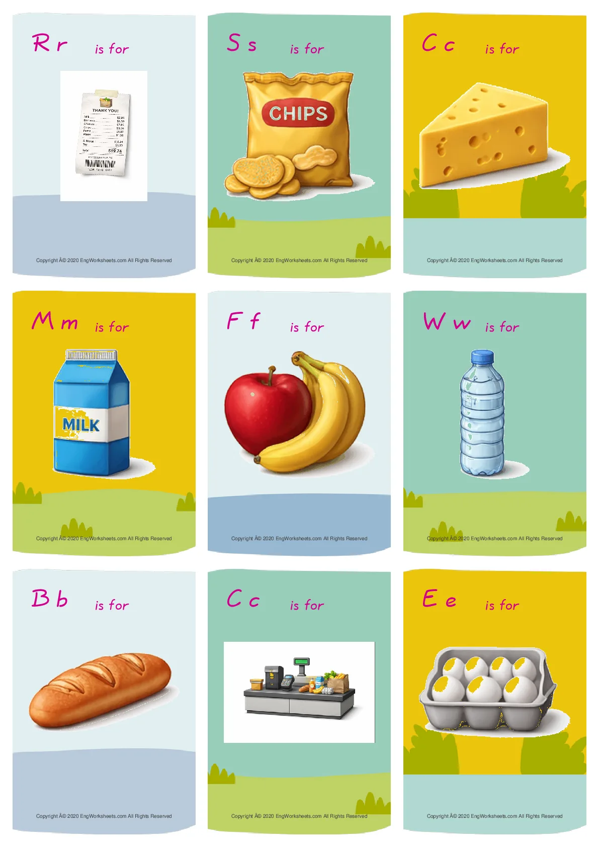 Wordless Supermarket vocabulary worksheet with nine images per page Worksheet Preview