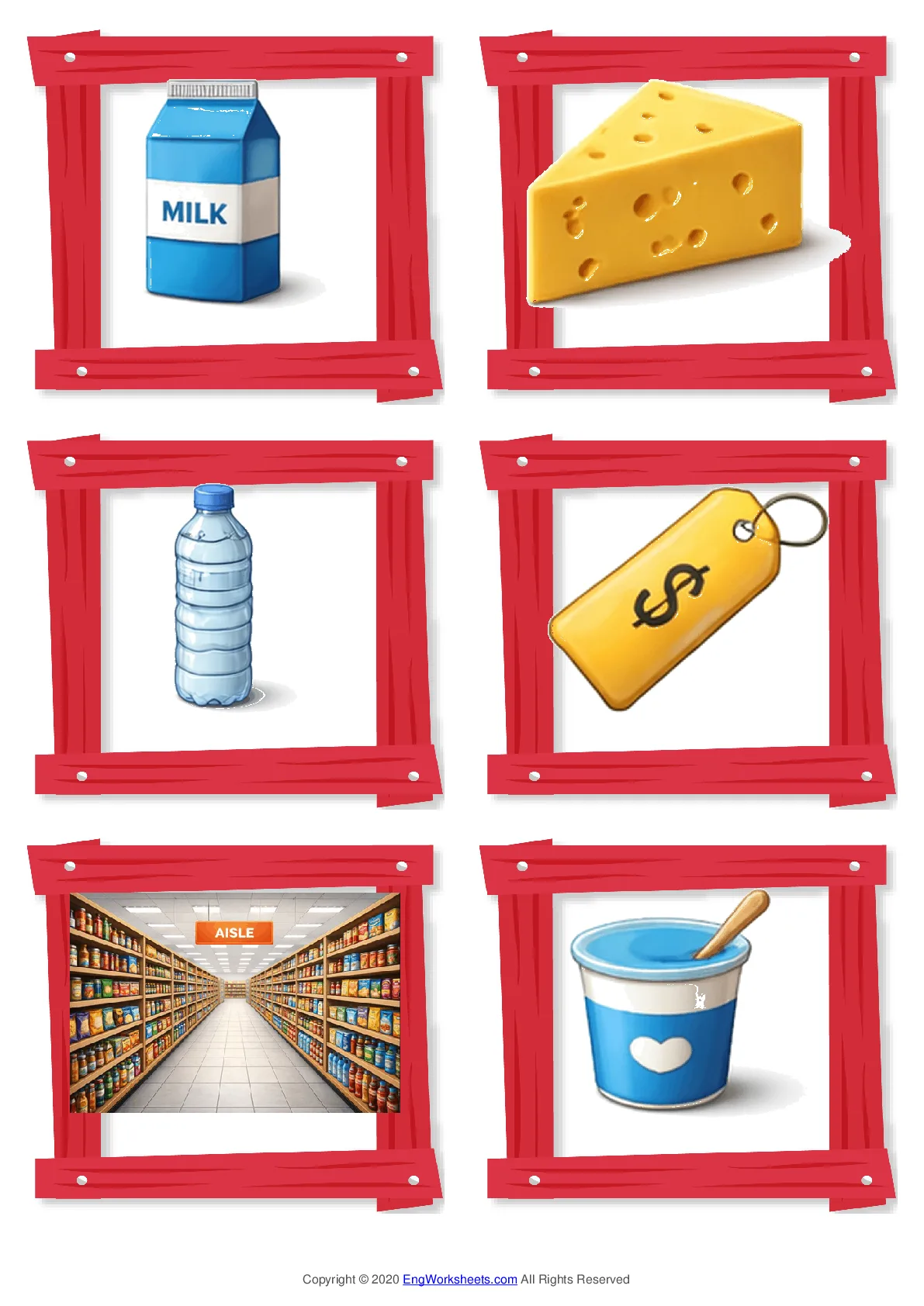 Wordless Supermarket vocabulary worksheet with six images per page Worksheet Preview