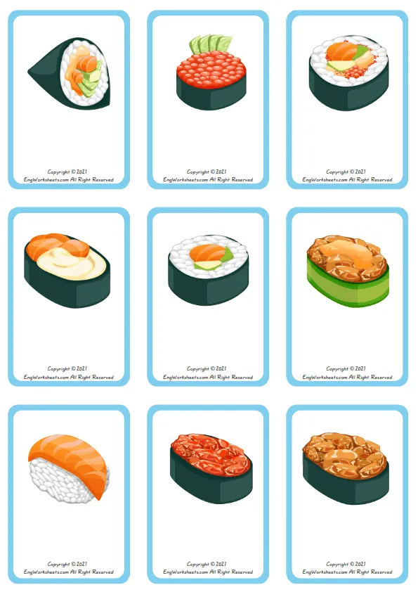 Wordless Sushi vocabulary worksheet with nine images per page Worksheet Preview