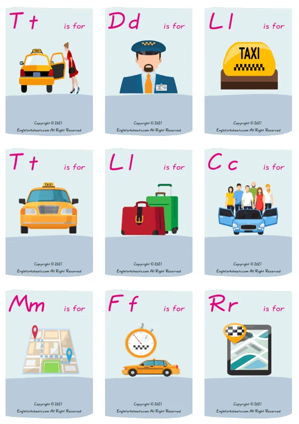 Wordless Taxi vocabulary worksheet with nine images per page Worksheet Preview