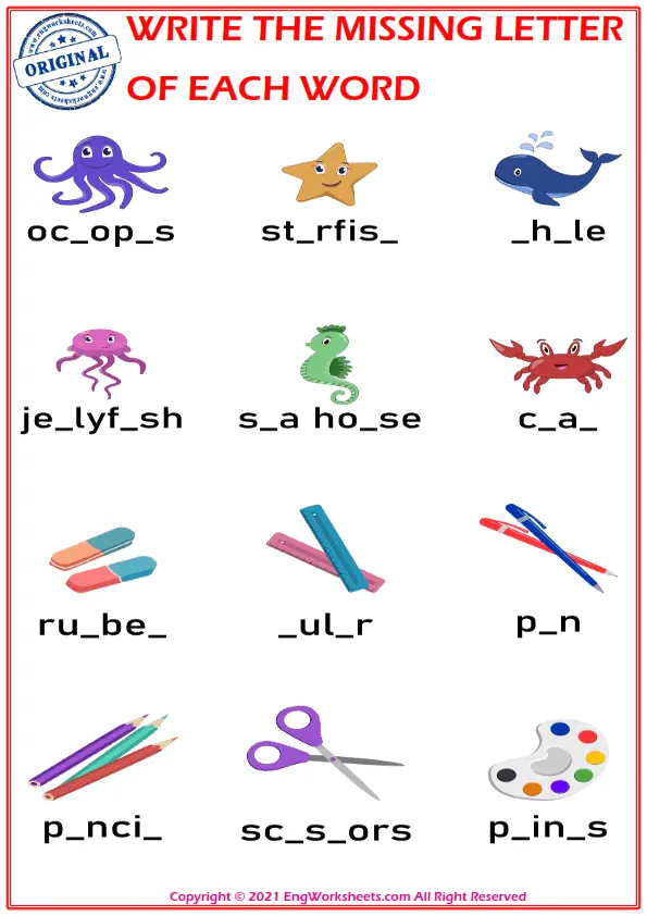 Write the missing letter. Worksheet for education. Fill in the missing letter. Mini-game for children. Worksheet Preview