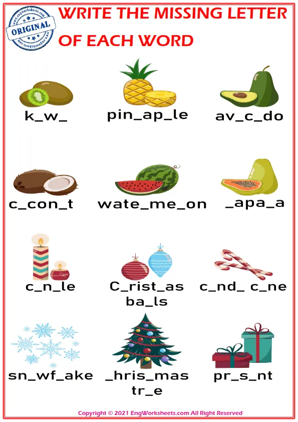 Write the missing letter. Worksheet for education. Fill in the missing letter. Mini-game for children. Worksheet Preview