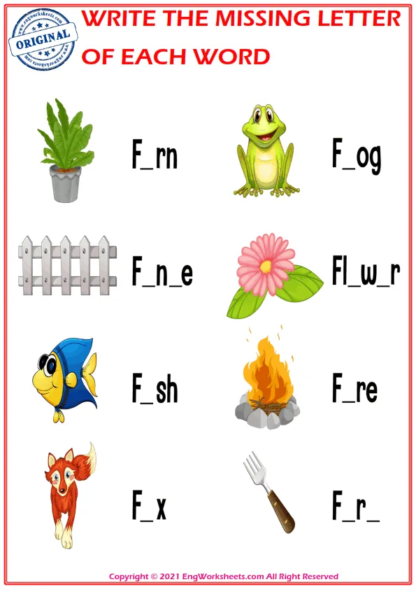 Write the missing letter. Worksheet for education. Fill in the missing letter. Mini-game for children. Worksheet Preview