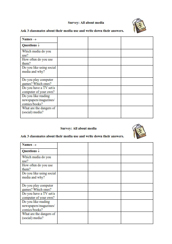 Survey Media Usage Worksheet Preview